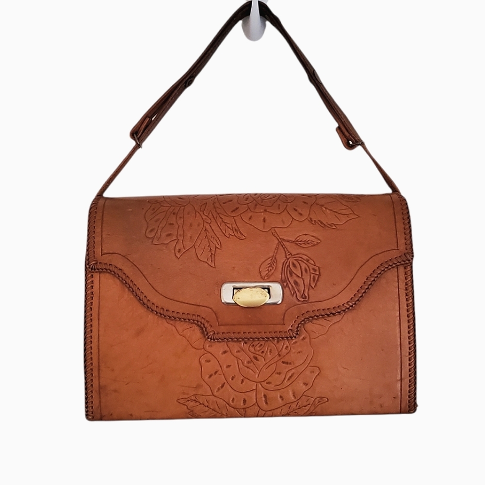 Leather Floral Embossed Hobo Envelope Vintage Box-Bag with Buckle Opening